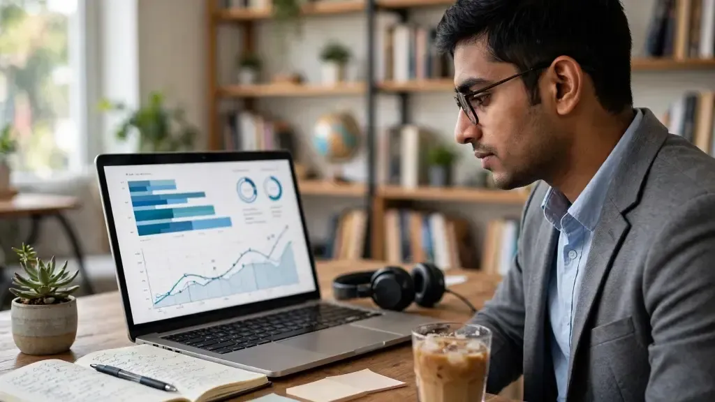 Graduate reviewing logistics and supply chain salary data on a laptop