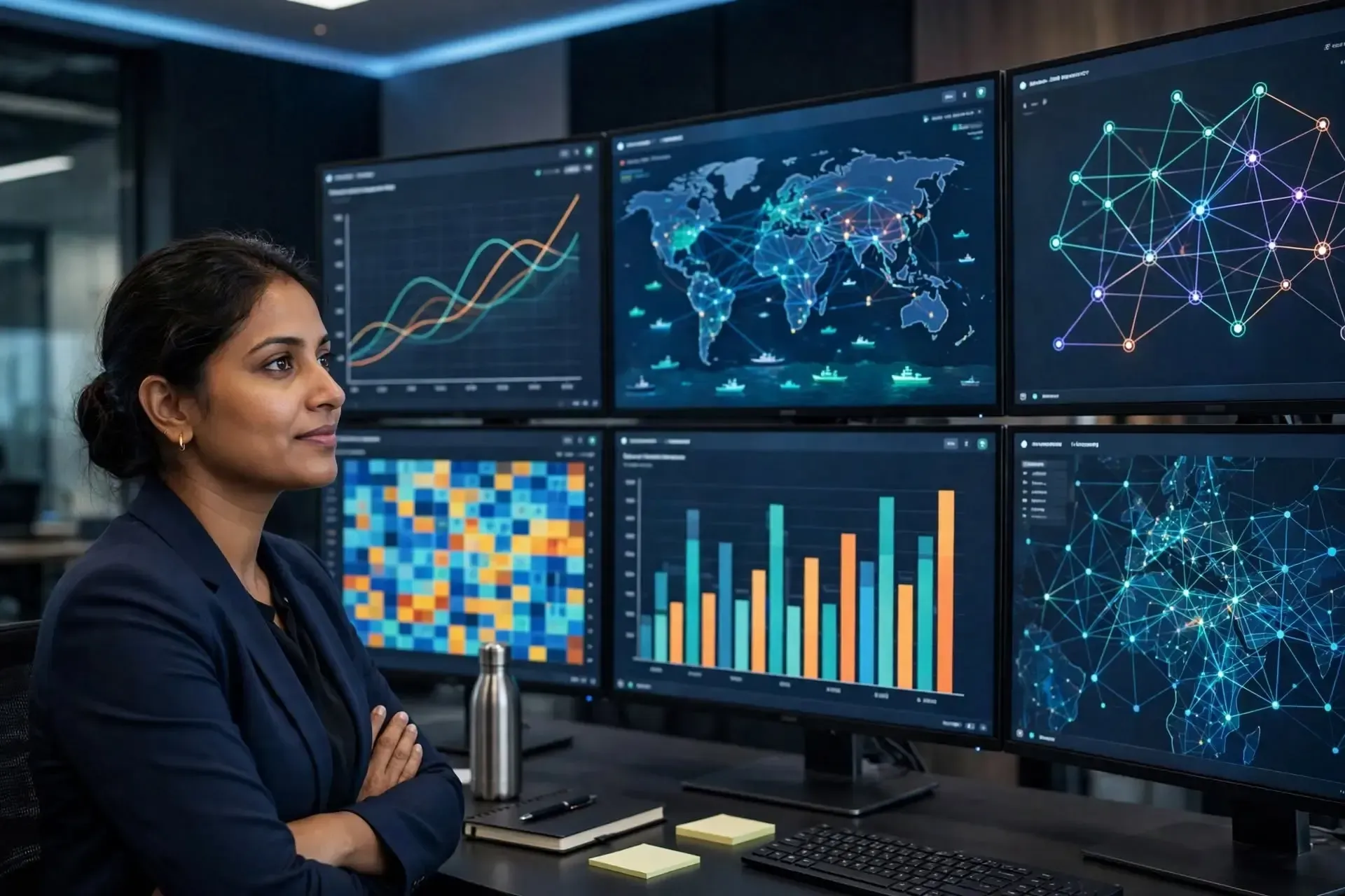 Logistics technology professional reviewing AI-based supply chain dashboard