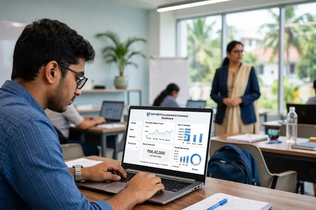 Student learning SAP Materials Management software as part of logistics automation training