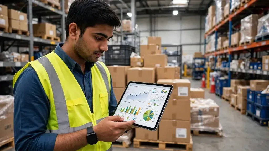 Young logistics professional reviewing supply chain data on a warehouse floor in India