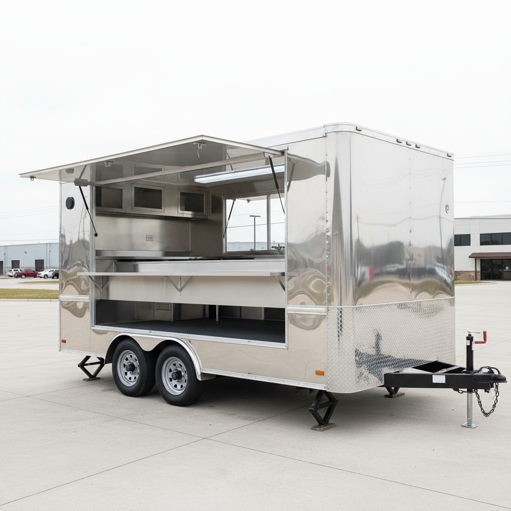Silver food trailer with open serving windows, parked on concrete.