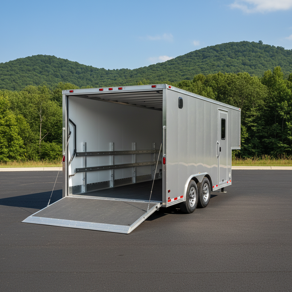 Silver enclosed trailer with a ramp down on asphalt in front of a green mountain range.