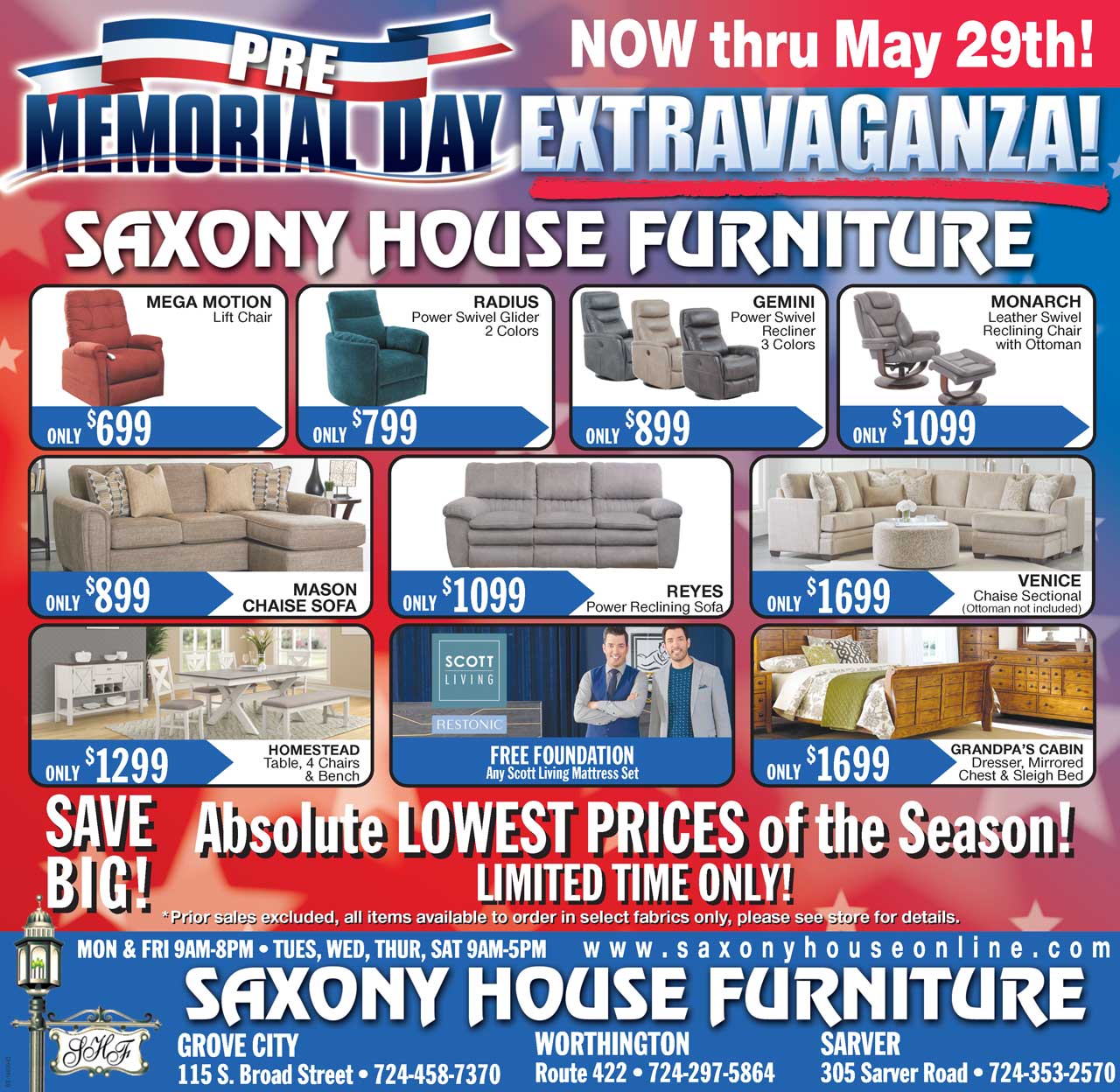 Saxony House Furniture Promotions Worthington, PA