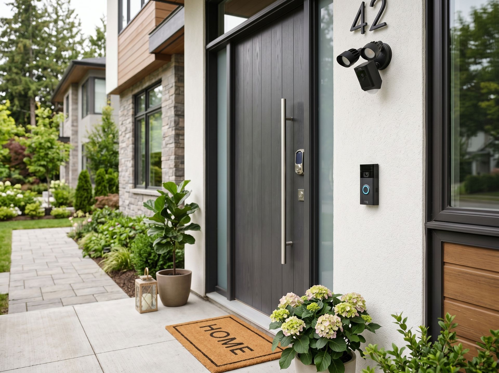 Modern house entrance with dark gray door, house number 42, potted plants, and a doormat.