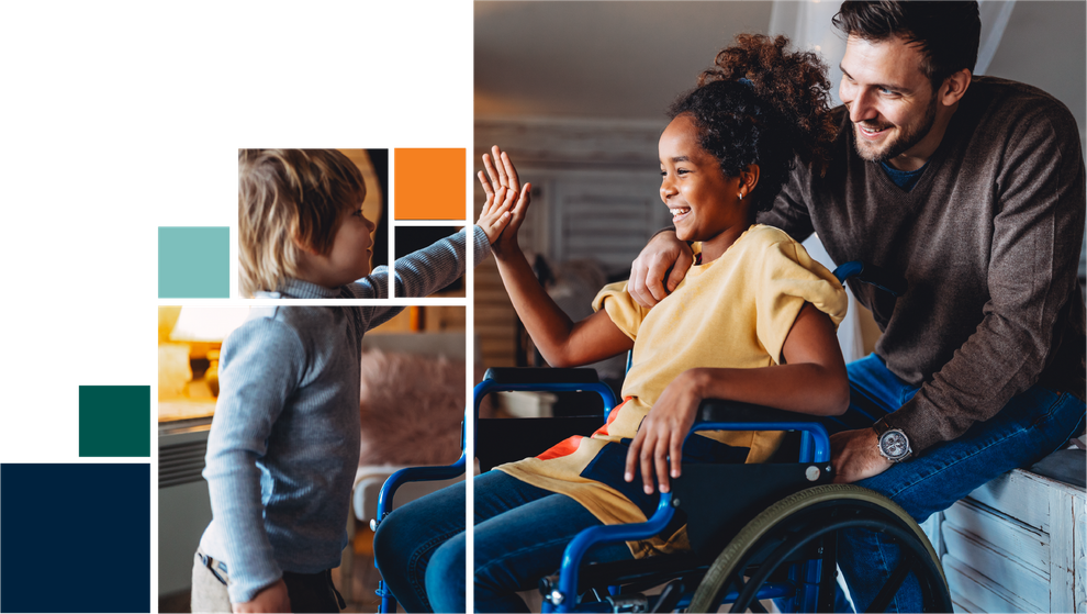 A woman in a wheelchair is giving a high five to a child.