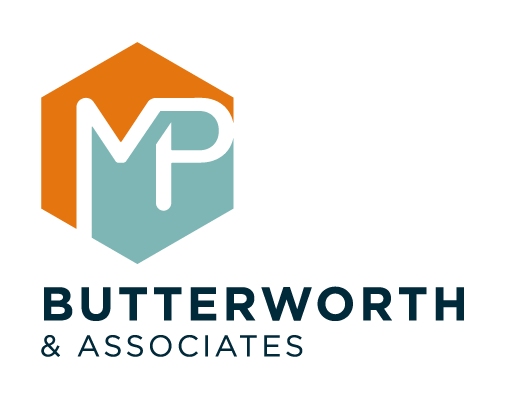 The logo for butterworth & associates is a hexagon with a letter p inside of it.