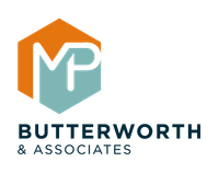 The logo for butterworth & associates is a hexagon with a letter p inside of it.