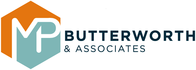 The logo for butterworth & associates is a blue and orange hexagon.