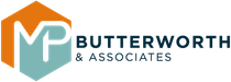 The logo for butterworth & associates is a blue and orange hexagon.