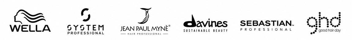 Loghi dei marchi Wella, System Professional, Nioxin, Davines, Sebastian e ghd su sfondo bianco.