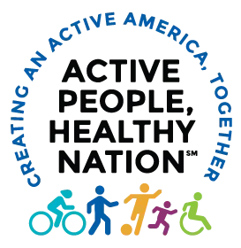 Active People, Healthy Nation logo with diverse figures and bicycle in blue, black, gold, pink, and green