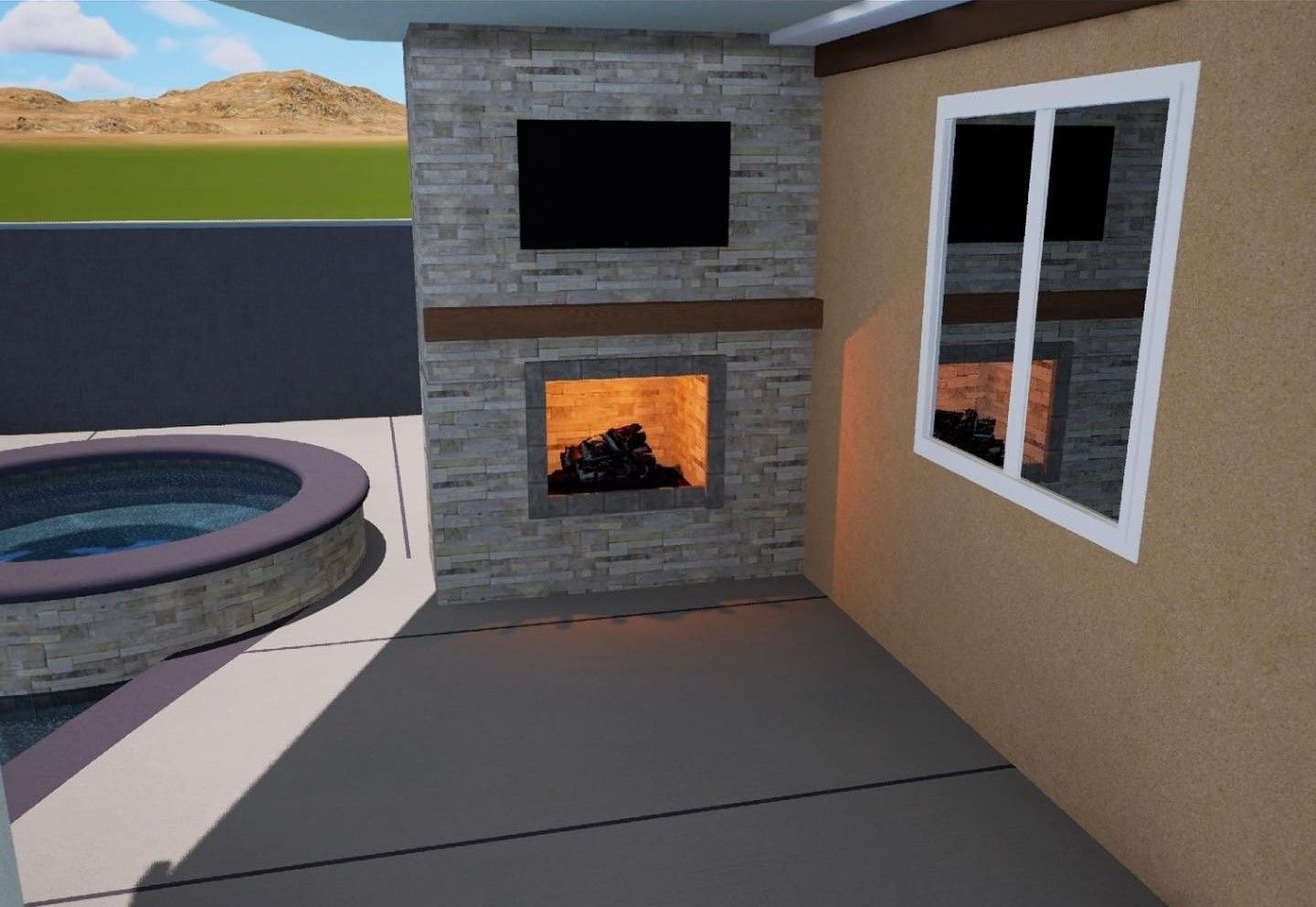 Backyard patio with a stone fireplace, wall-mounted TV, window, and hot tub nearby.