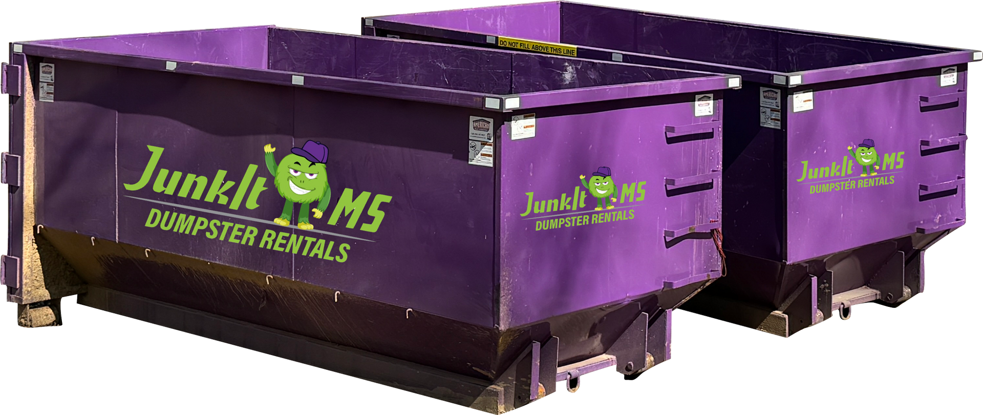 Two purple Junk It MS dumpster rentals.