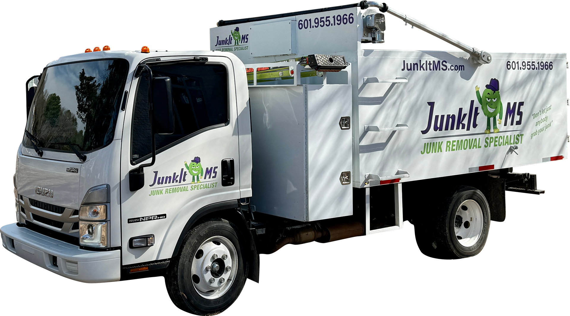 White Junk-It-MS truck with a green cartoon mascot and junk removal services.