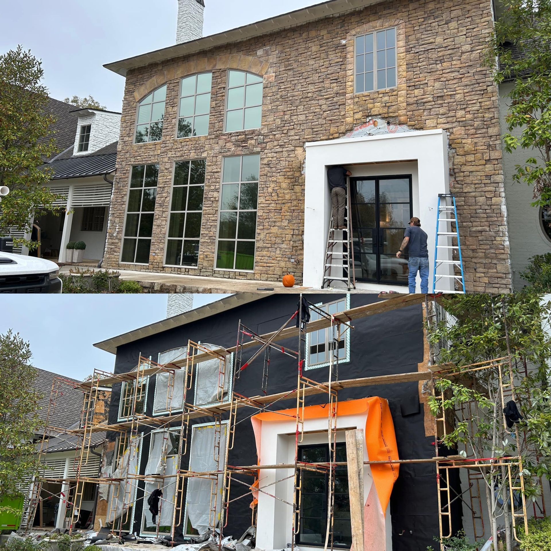 Two-story house undergoing renovation. Top: finished stone facade. Bottom: exposed structure, scaffolding, and workers.