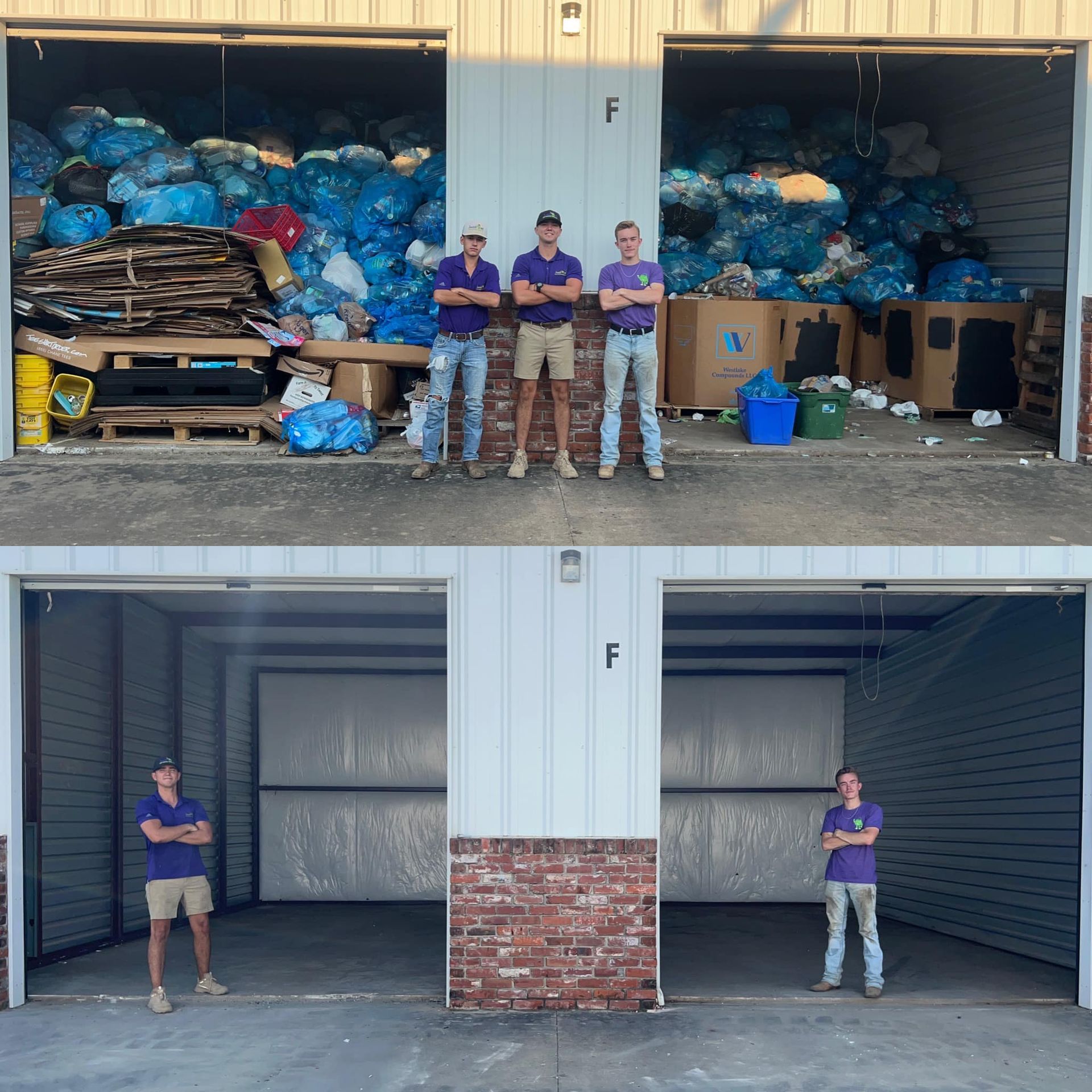 Three people stand in front of two containers overflowing with trash and a final empty container.
