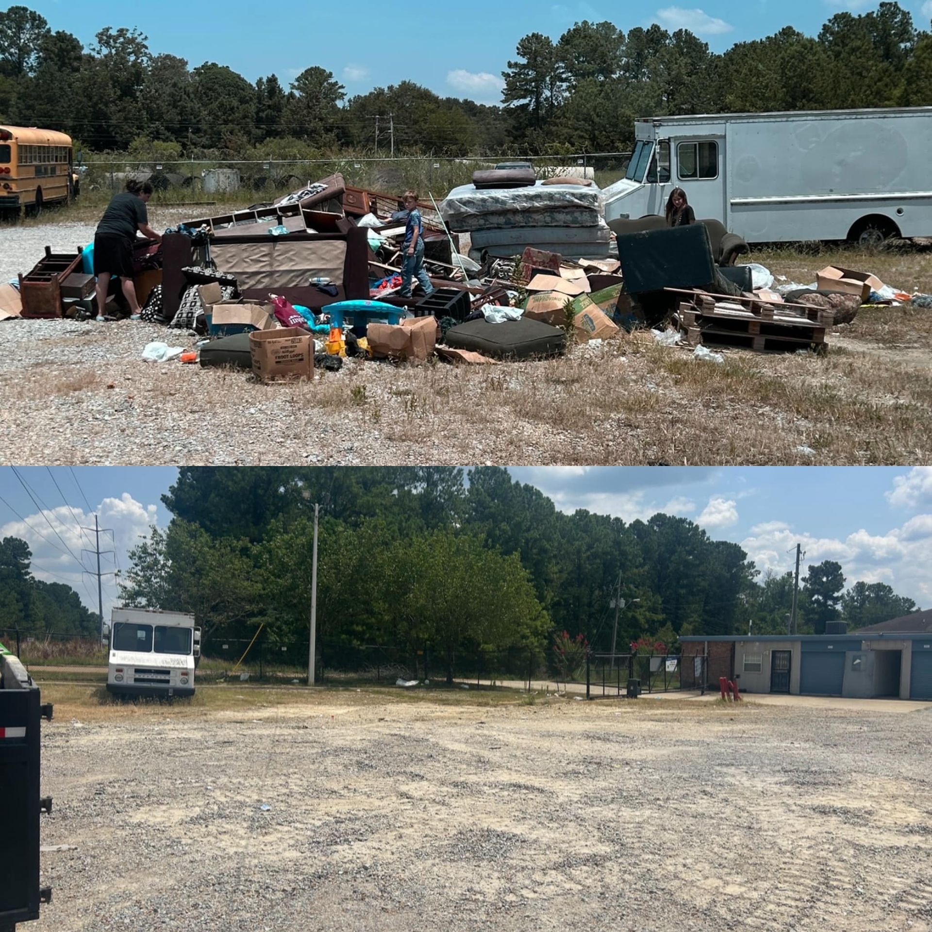 Top: Pile of trash on gravel; people sorting. Bottom: Clean gravel lot; white truck.