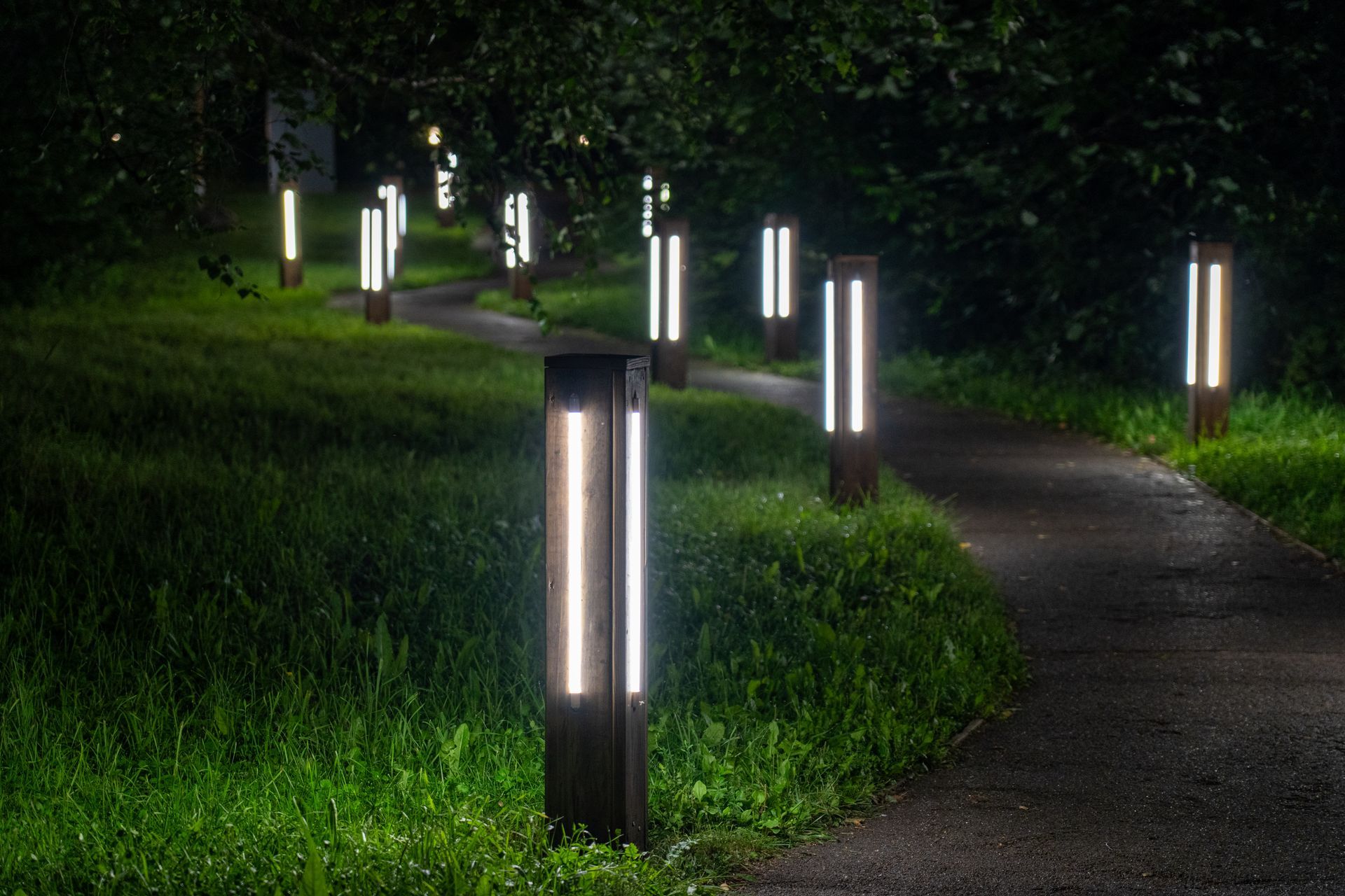 Une allée sinueuse dans un jardin, bordée la nuit de bornes lumineuses blanches et de pelouse verte.