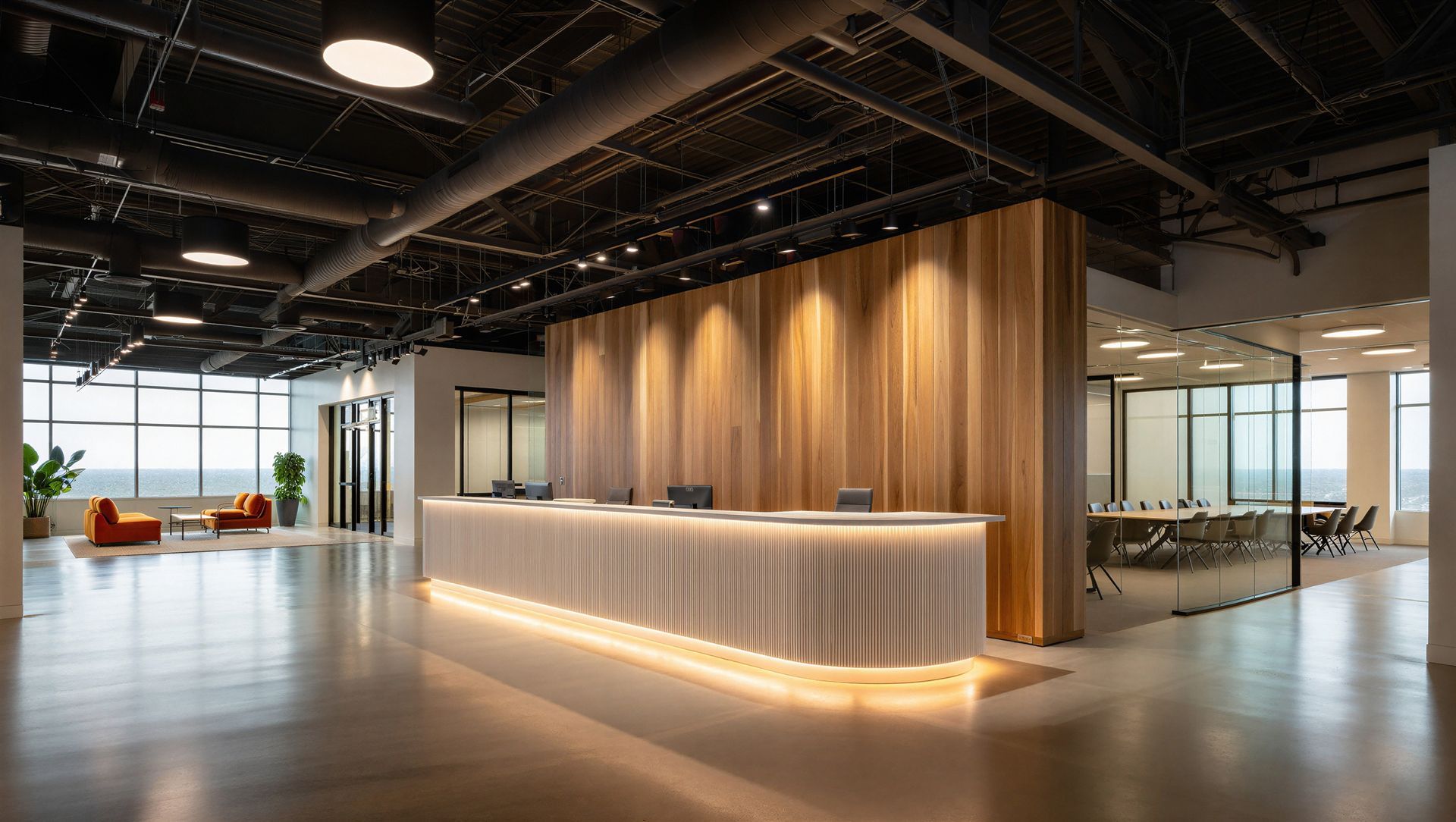 Hall d’accueil moderne avec un comptoir de réception habillé de bois, un espace de travail ouvert et de grandes fenêtres