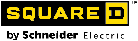Logo de Square D by Schneider Electric en jaune, noir et blanc.