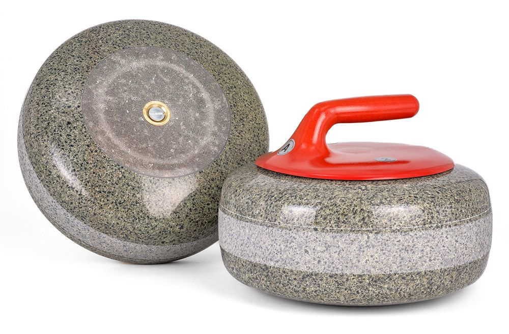 2 curling stones with a red top handles