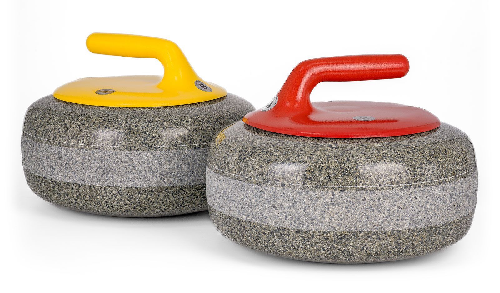 Two curling stones, one with a yellow handle and one with a red handle.