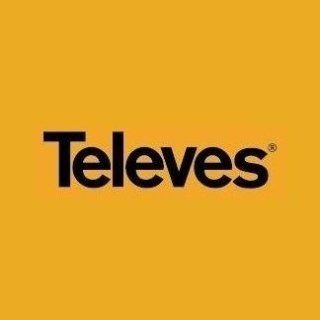 Il logo Televes nero è centrato su uno sfondo giallo senape a tinta unita.
