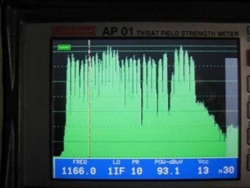 Un misuratore digitale di intensità di campo satellitare visualizza un grafico di frequenza dello spettro verde con una lettura di picco di 93,1 dBuV.