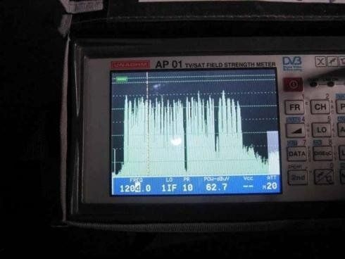 Un misuratore di intensità di campo portatile che visualizza sul suo schermo un grafico dello spettro del segnale con una lettura di potenza di 62,7 dBμV.