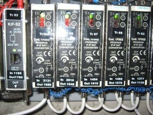 Una fila di moduli di conversione del segnale elettronico montati su un pannello, con spie luminose, etichette e cablaggi.