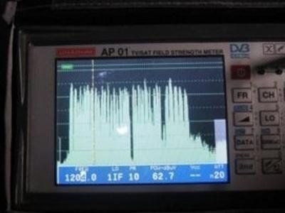 Un misuratore di intensità di campo TV/SAT visualizza sul suo schermo un grafico digitale dello spettro con un livello di segnale di 62,7 dBμV.