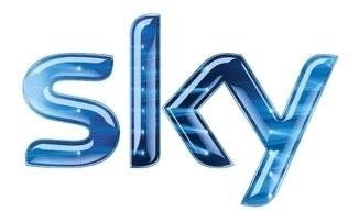 Il logo del marchio Sky in un carattere blu lucido e tridimensionale su sfondo bianco.