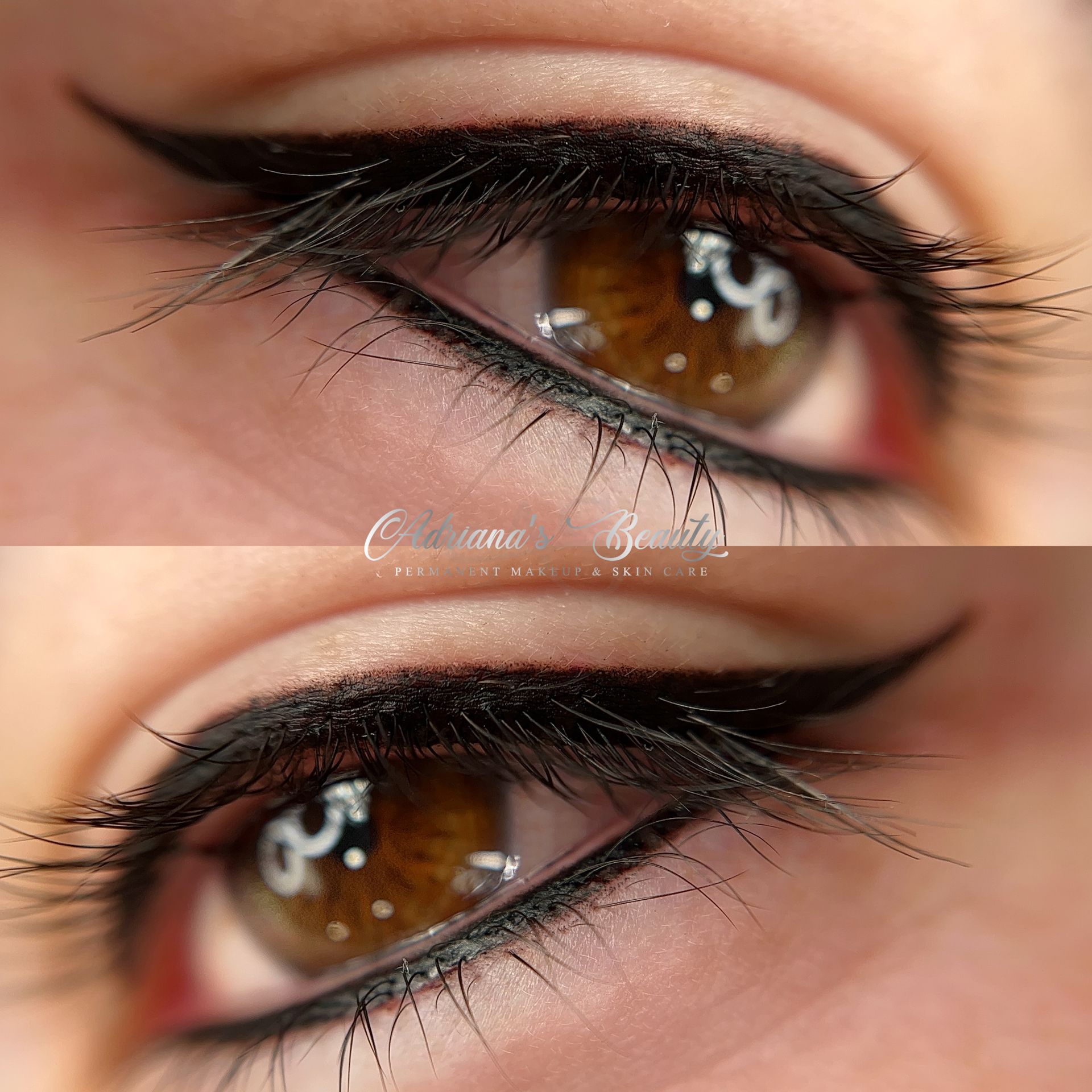 Close-up of brown eye with thick black eyeliner and long lashes.