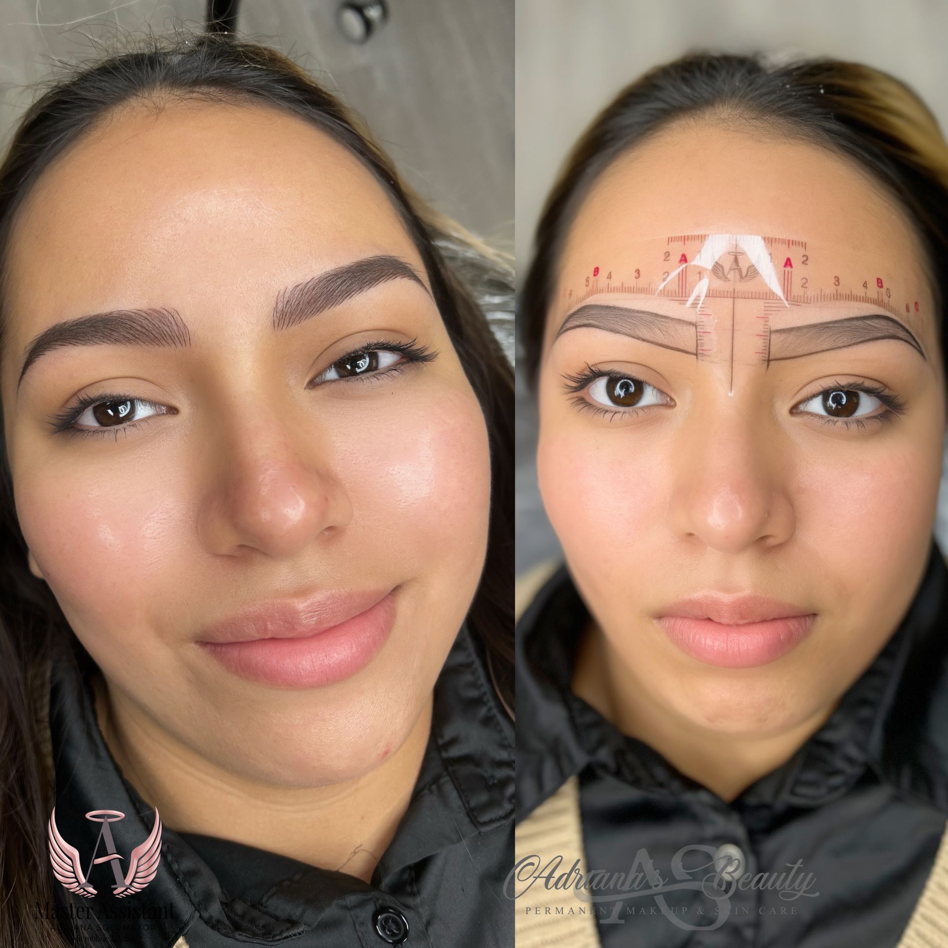 A woman before and after microblading, right side has guide lines on forehead. Brown eyebrows, smiling.