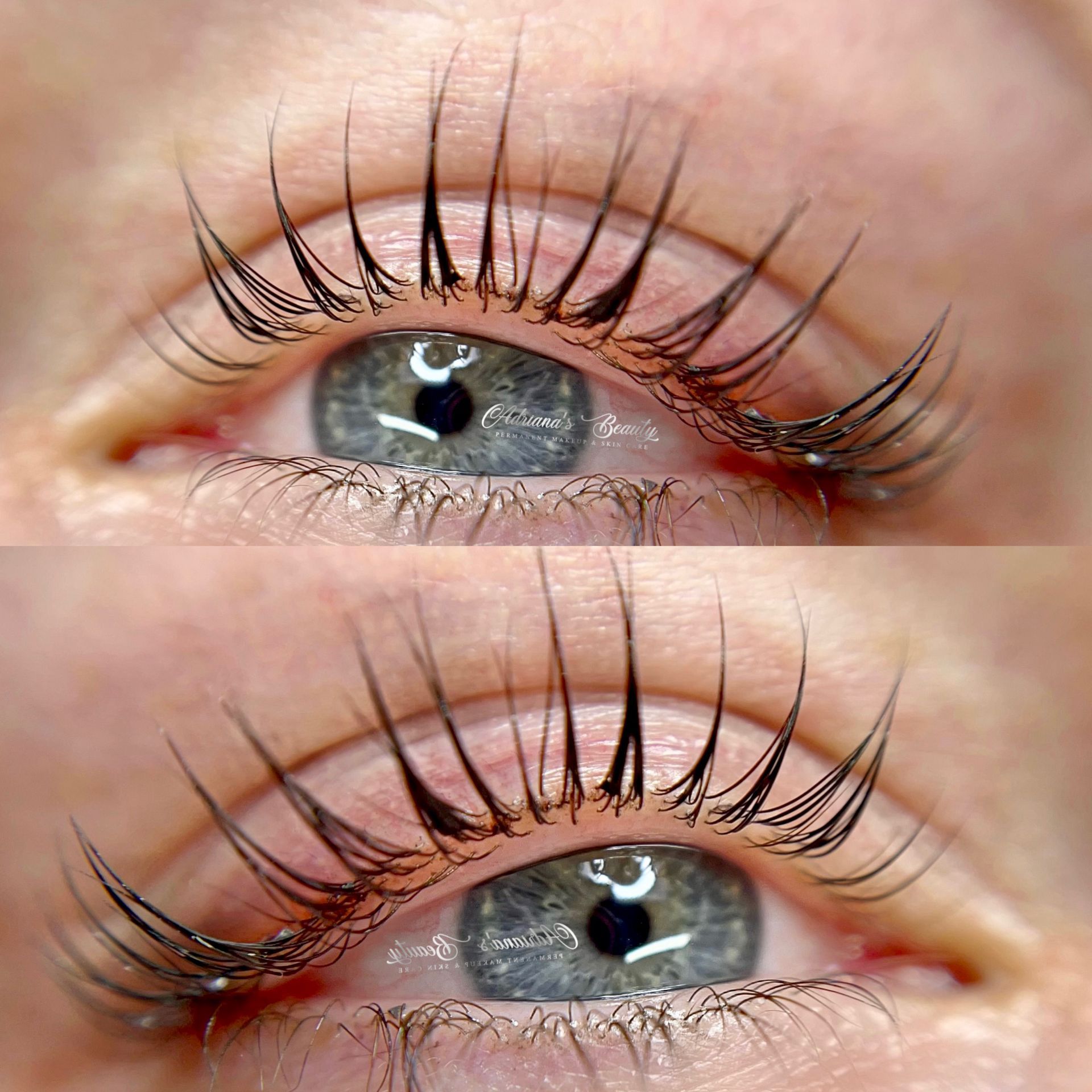 Two close-up views of a gray eye with long, dark lashes, likely after a lash lift treatment.