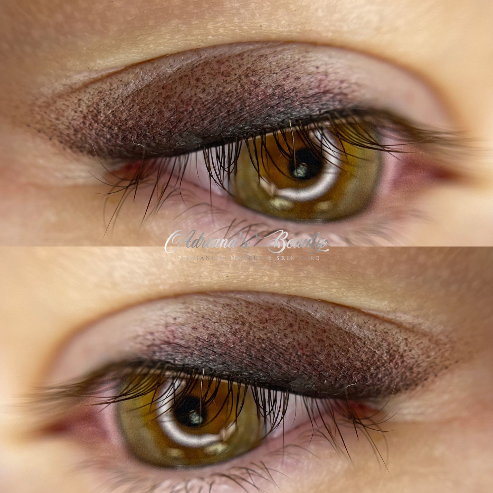 Close-up of an eye with brown eyeshadow and eyeliner, the eye is hazel with long eyelashes.