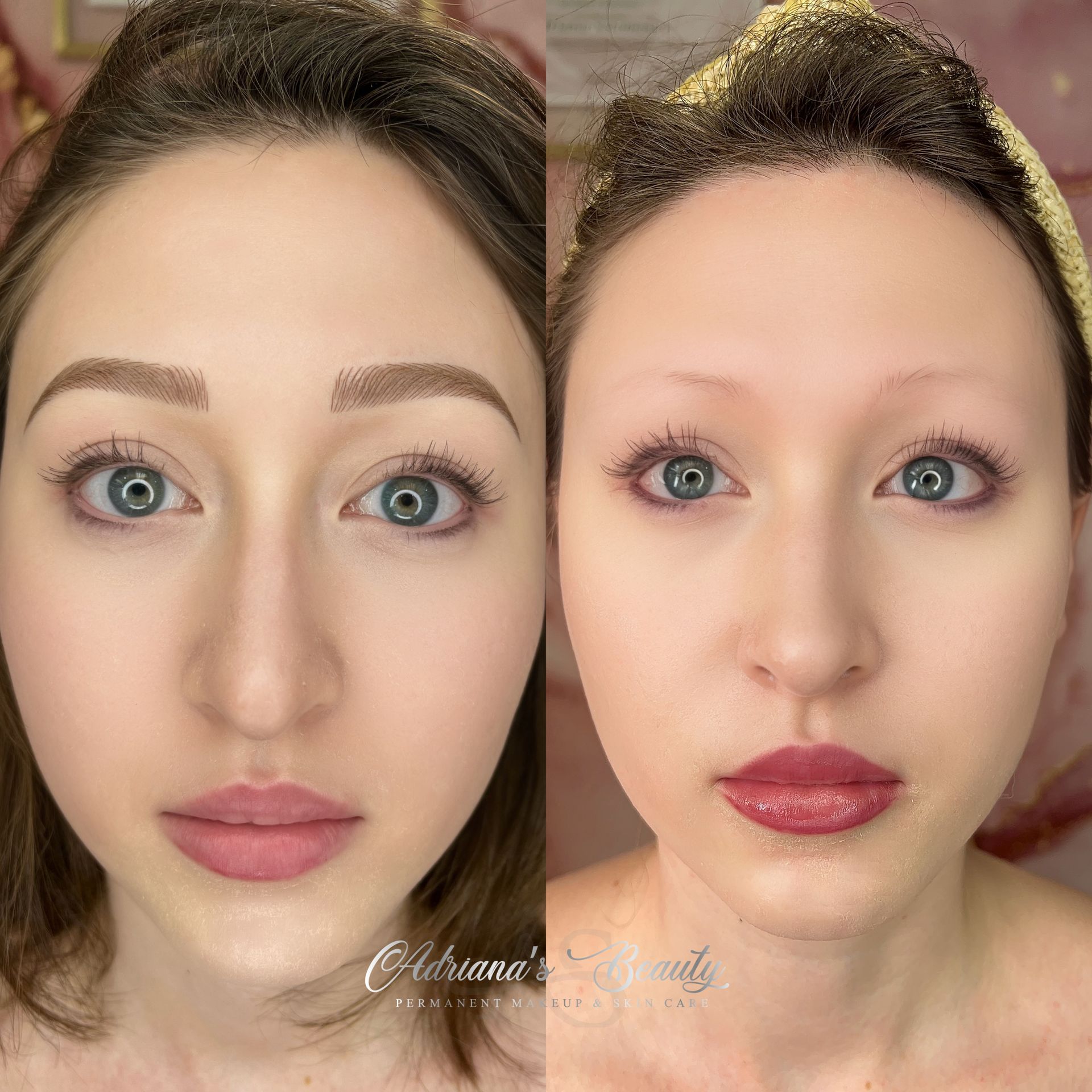 Side-by-side comparison of a woman's face with and without eyebrow and lip enhancement. Light skin, blue eyes.