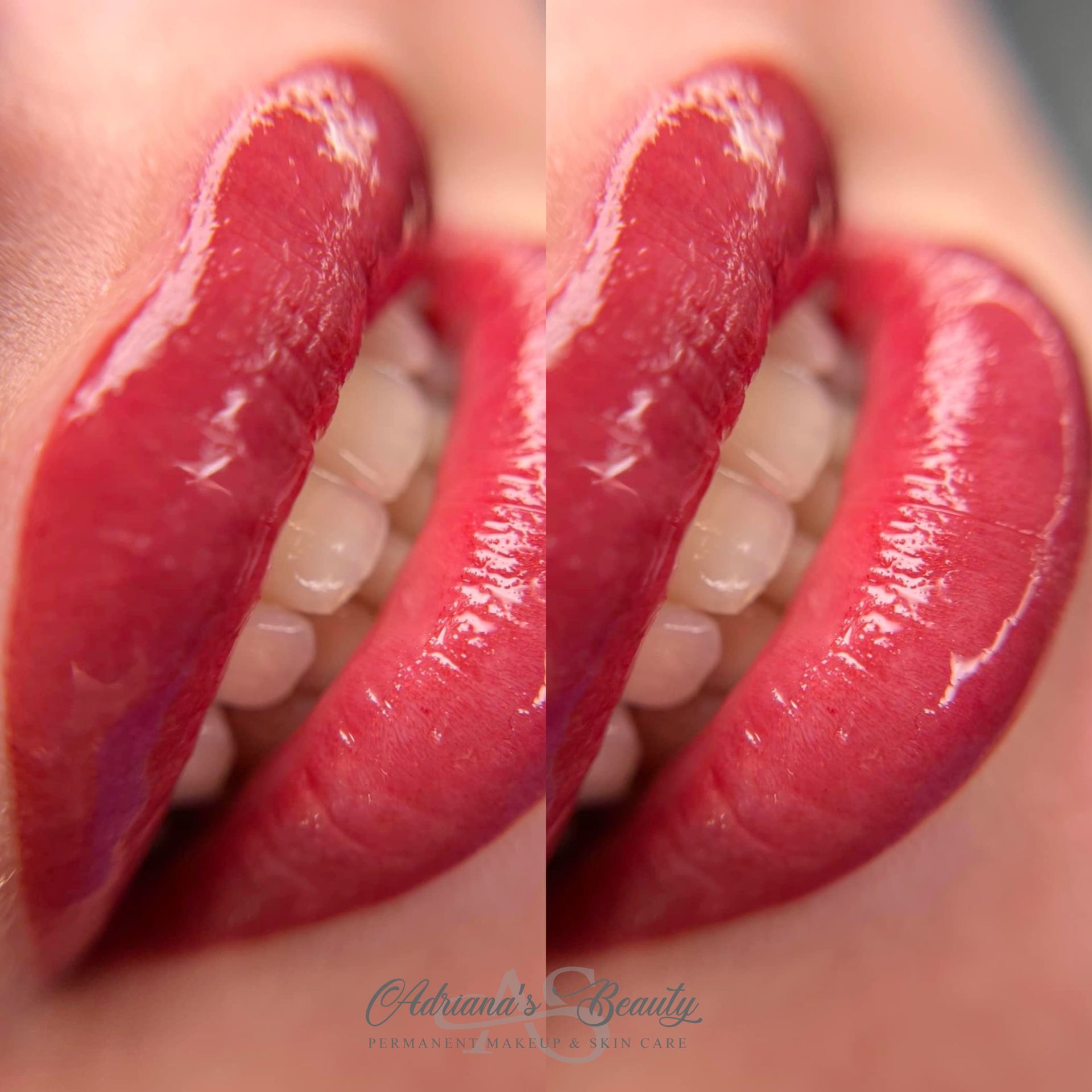 Close-up of glossy red lips and white teeth.