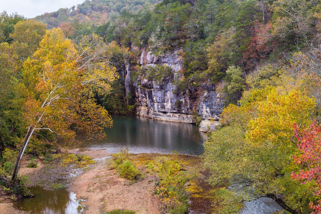 Waterfall and cliff in the woods.