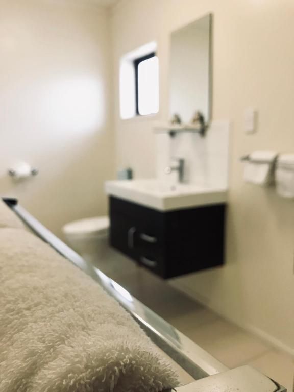 A bathroom with a sink , toilet and mirror.
