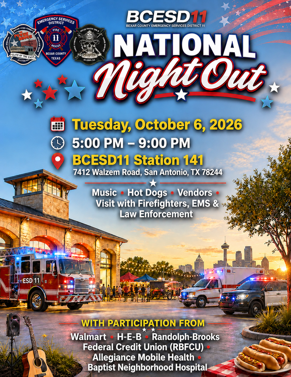 BCESD11 National Night Out poster with fire trucks, police cars, and event details for Tuesday, Oct. 6, 2026