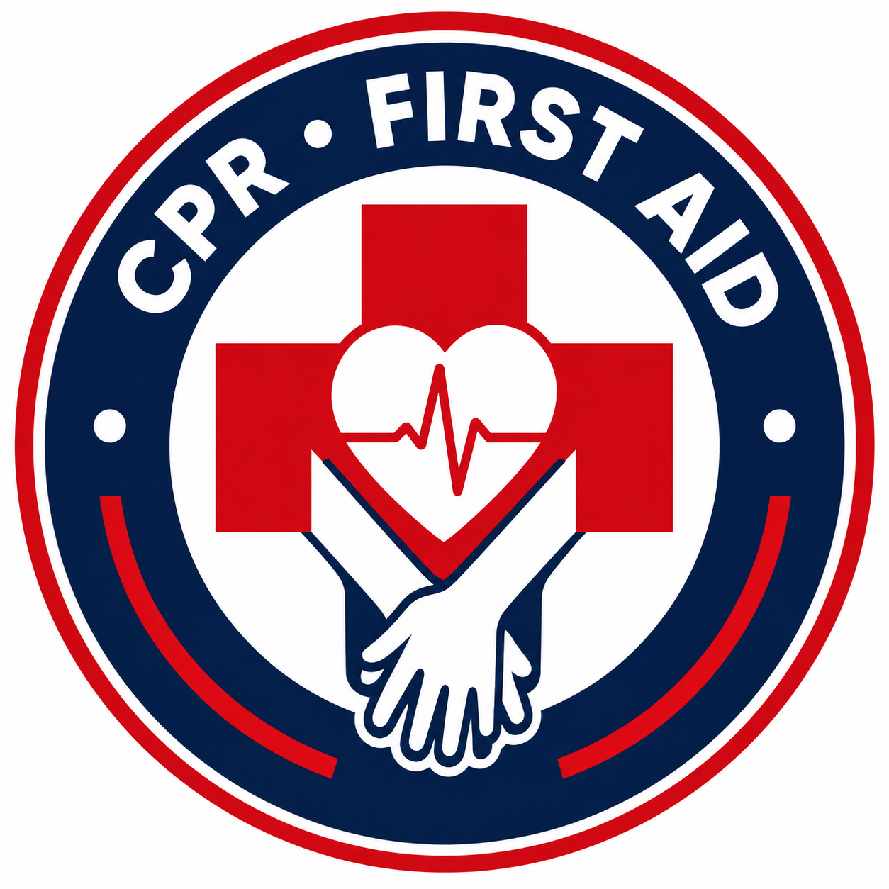 CPR and first aid logo with red cross, heart pulse, and helping hands in blue circular badge