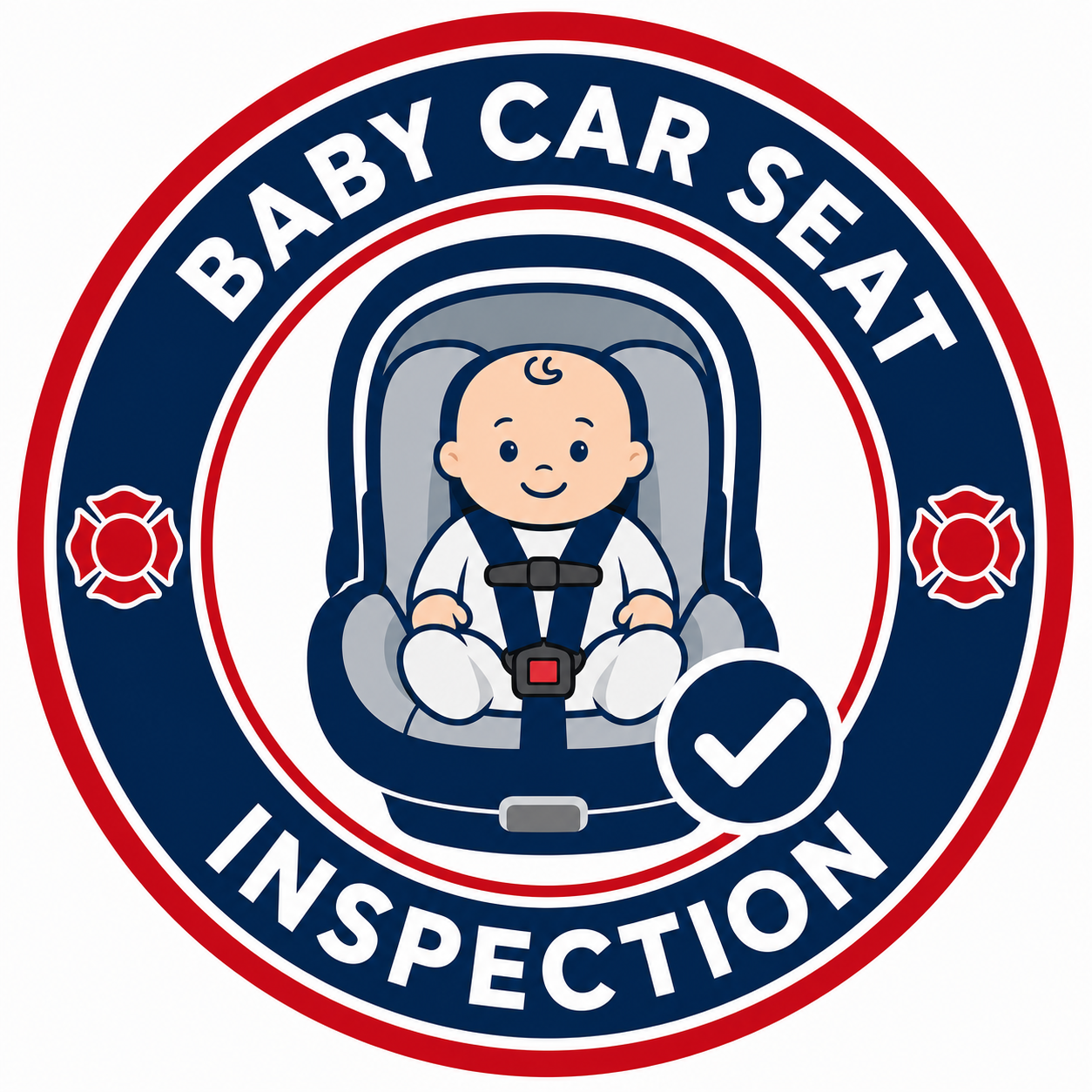 Baby car seat inspection badge with a baby in a seat, blue and red circular design and check mark