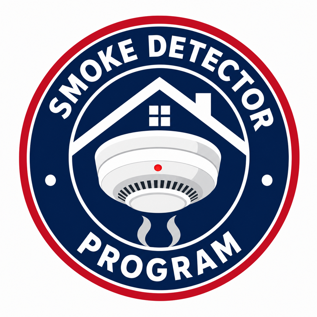 Smoke detector program logo with house, alarm, and navy, red, and white colors.