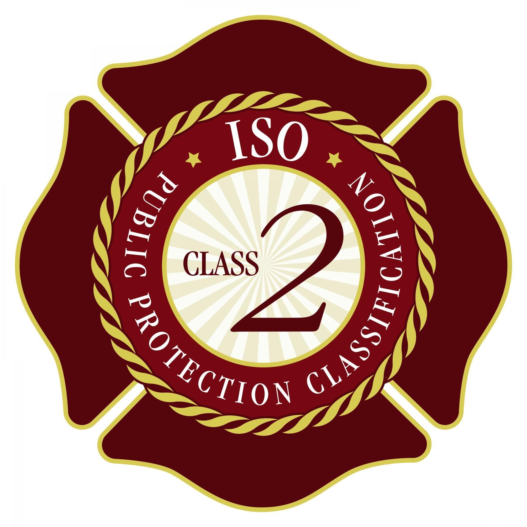 Maroon and gold Class 2 ISO protection classification seal with rope border and white center.