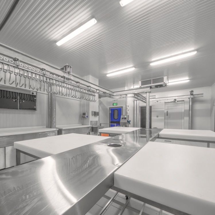 A sterile, stainless-steel commercial food preparation area featuring white cutting tables and overhead meat hooks.