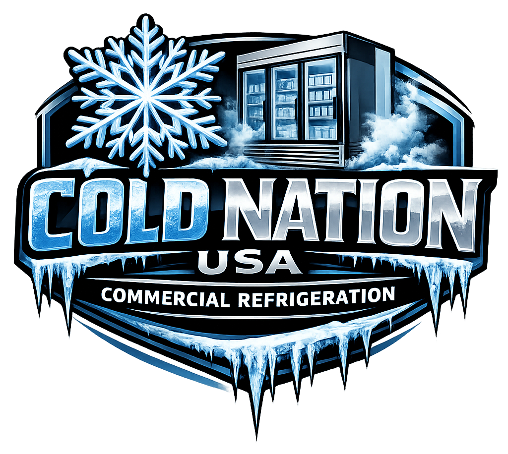 Logo for Cold Nation USA featuring a large snowflake, a commercial glass-door refrigerator, and icicles on a blue shield.