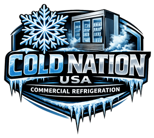 Logo for Cold Nation USA featuring a large snowflake, a commercial glass-door refrigerator, and icicles on a blue shield.