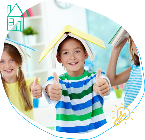 a boy with a book on his head gives a thumbs up