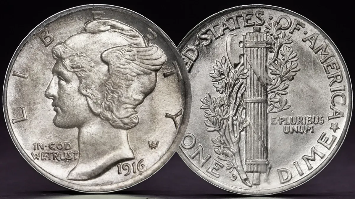 A two-sided silver Mercury dime. Head of the winged Liberty on one side, fasces on the other.